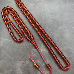 Alman Faturan Ateş Kehribarı Tesbih - 7X12 mm - Kızıl Amber Renk Tonlarında - Havşalı - Osmanlı Benzetme